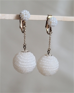 White beads spheres clip on elegant earrings Japan