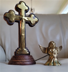 Wooden Cross and brass Angel snuffer set