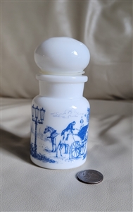 Belgian Milk Glass bottle with blue transferware