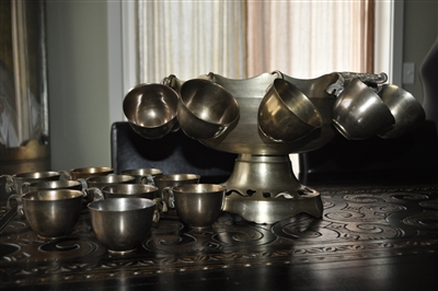 Hand crafted Folk Art punch bowl with cups