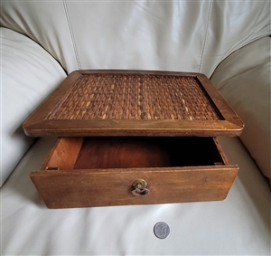 Wooden vintage storage box with pulled out drawer
