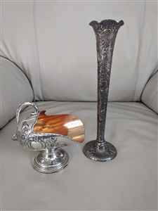 Silver plated set bud vase and pedestal nut dish