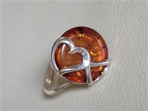 Double heart Baltic Amber and sterling silver ring