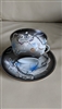 Dragonware teacup saucer blue gray white geisha