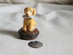 Trinket box brown dog holding a bone