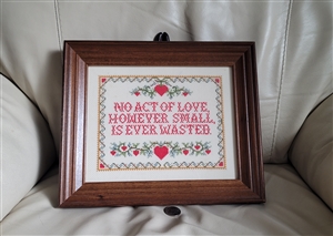 Needlepoint art phrase in a thick wooden frame