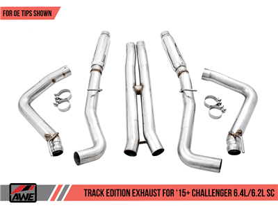 AWE Track Edition Exhaust for 15+ Challenger 6.4 / 6.2 SC - Chrome Silver Quad Tips