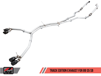 AWE Track Edition Exhaust for B9 S5 Sportback - Resonated for Performance Catalyst - Diamond Black 90mm Tips