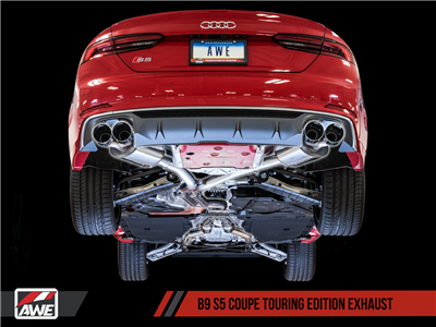 AWE Touring Edition Exhaust for B9 S5 Coupe - Resonated for Performance Catalyst - Chrome Silver 90mm Tips