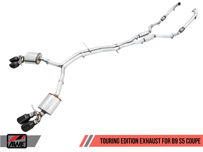 AWE Touring Edition Exhaust for B9 S5 Coupe - Resonated for Performance Catalyst - Diamond Black 102mm Tips