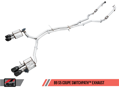 AWE SwitchPath Exhaust for B9 S5 Coupe - Resonated for Performance Catalyst - Chrome Silver 102mm Tips