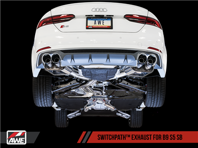 AWE SwitchPath Exhaust for B9 S5 Sportback - Resonated for Performance Catalyst - Diamond Black 90mm Tips