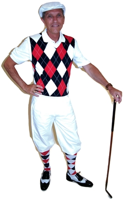Our Red White and Blue Complete Golf Knickers Outfit features White Knickers, White Cap, Red White and Blue Argyle Sweater Vest and matching Argyle Socks.