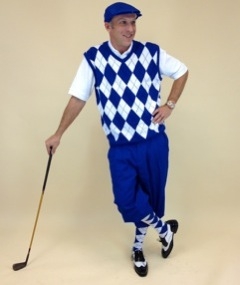 Men's Golf Outfit - Solid Royal Stewart Knickers, Royal/White/Black Overstitch Sweater, Socks and Cap
