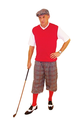 Men's Golf Outfit-Grey Plaid Knickers With red sweater and socks