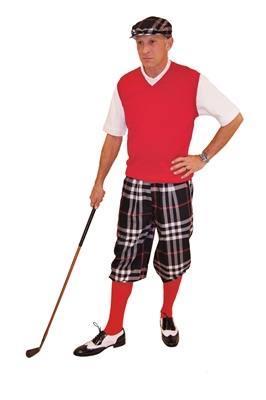 Men's Golf Outfit-Black Plaid Knickers and Flat Cap with Red sweater and Socks