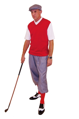 Men's Golf Outfit-Silk Touch Grey Knickers and Cap With red Sweater and Socks