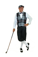 This Ultimate Golf Knickers Outfit features the Kings Cross signature Silk Touch knickers in Grey, white socks, and accompanied by our traditional Turnberry Black Plaid Vest, matching Bow Tie and matching cap.