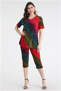 Short Sleeve Capri Set - red/green diagonal tie dye print - poly/spandex