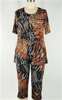 Short Sleeve Capri Set - brown/grey print - poly/spandex