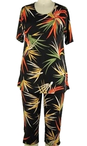Short Sleeve Capri Set - black with colorful leaves - poly/spandex