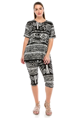 Short Sleeve Capri Set - grey aztec - poly/spandex