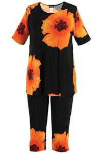 Short Sleeve Capri Set - orange big flower print - poly/spandex