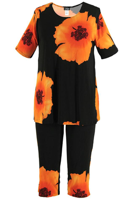 Short Sleeve Capri Set - orange big flower print - poly/spandex