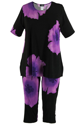 Short Sleeve Capri Set - purple big flower print - poly/spandex