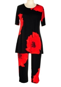 Short Sleeve Capri Set - red big flower print - poly/spandex