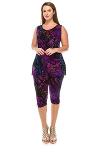 Sleeveless Capri Set - blue/purple print - poly/spandex