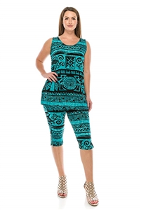 Sleeveless Capri Set - blue Aztec print - poly/spandex