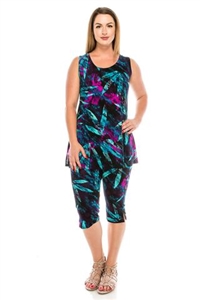Sleeveless Capri Set - turquoise/purple leafy print  - poly/spandex