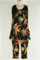 Sleeveless Capri Set - black with colorful leaves - poly/spandex