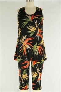 Sleeveless Capri Set - black with colorful leaves - poly/spandex