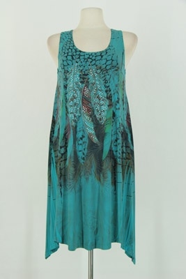 Two point tank dress - jade feathers with stones - polyester/spandex