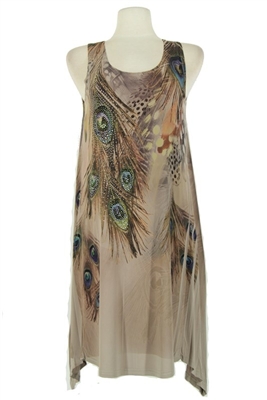 Two point tank dress - mocha feathers with stones - polyester/spandex