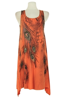 Two point tank dress - orange feathers with stones - polyester/spandex