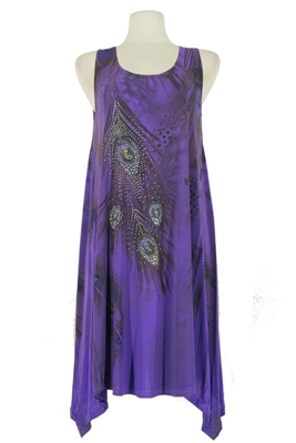 Two point tank dress - purple feathers with stones - polyester/spandex