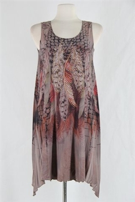 Two point tank dress - mocha feathers with stones - polyester/spandex