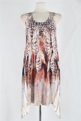 Two point tank dress - white/brown feathers with stones - polyester/spandex