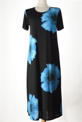 long dress with short sleeves - blue big flower