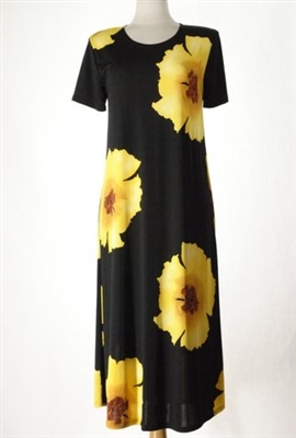 long dress with short sleeves - yellow big flower