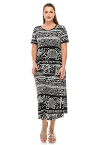 Long dress with short sleeves - grey Aztec print