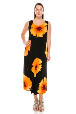 Long tank dress - orange big flower - polyester/spandex