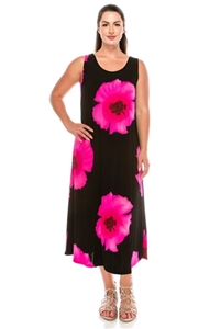 Long tank dress - pink big flower - polyester/spandex