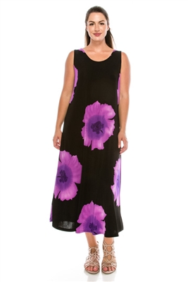 Long tank dress - purple big flower - polyester/spandex