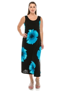 Long tank dress - blue big flower - polyester/spandex
