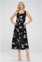 Long tank dress - black/white flowers with turtles - polyester/spandex
