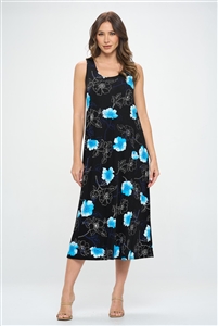 Long tank dress - black with blue flowers - polyester/spandex